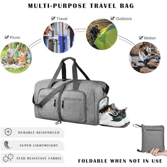 Travel Duffle Bag for Men - Foldable Duffel Bag with Shoes Compartment - Picture 4 of 7